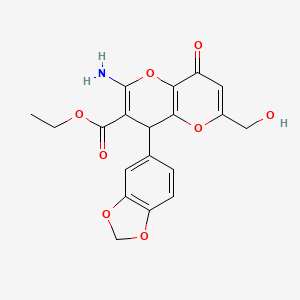 molecular formula C19H17NO8 B2596820 ethyl 2-amino-4-(2H-1,3-benzodioxol-5-yl)-6-(hydroxymethyl)-8-oxo-4H,8H-pyrano[3,2-b]pyran-3-carboxylate CAS No. 881447-36-5