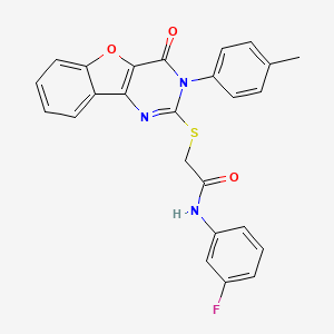 molecular formula C25H18FN3O3S B2596875 N-(3-fluorophenyl)-2-{[5-(4-methylphenyl)-6-oxo-8-oxa-3,5-diazatricyclo[7.4.0.0^{2,7}]trideca-1(9),2(7),3,10,12-pentaen-4-yl]sulfanyl}acetamide CAS No. 872208-08-7
