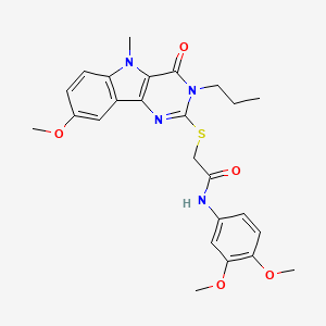 molecular formula C25H28N4O5S B2596882 N-(3,4-dimethoxyphenyl)-2-({8-methoxy-5-methyl-4-oxo-3-propyl-3H,4H,5H-pyrimido[5,4-b]indol-2-yl}sulfanyl)acetamide CAS No. 1112301-38-8
