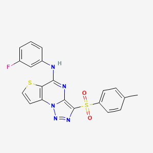 molecular formula C20H14FN5O2S2 B2596915 N-(3-fluorophenyl)-10-(4-methylbenzenesulfonyl)-5-thia-1,8,11,12-tetraazatricyclo[7.3.0.0^{2,6}]dodeca-2(6),3,7,9,11-pentaen-7-amine CAS No. 892733-44-7