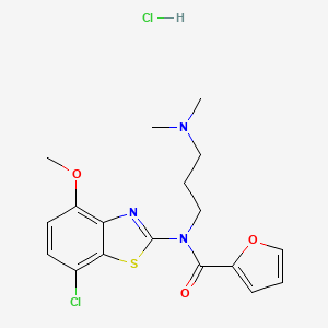 molecular formula C18H21Cl2N3O3S B2596962 N-(7-CHLORO-4-METHOXY-1,3-BENZOTHIAZOL-2-YL)-N-[3-(DIMETHYLAMINO)PROPYL]FURAN-2-CARBOXAMIDE HYDROCHLORIDE CAS No. 1216799-45-9