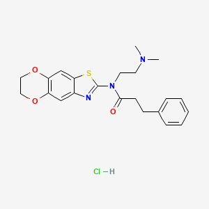 molecular formula C22H26ClN3O3S B2597134 N-(6,7-dihydro-[1,4]dioxino[2,3-f][1,3]benzothiazol-2-yl)-N-[2-(dimethylamino)ethyl]-3-phenylpropanamide;hydrochloride CAS No. 1216772-96-1