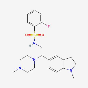 molecular formula C22H29FN4O2S B2597361 2-fluoro-N-(2-(1-methylindolin-5-yl)-2-(4-methylpiperazin-1-yl)ethyl)benzenesulfonamide CAS No. 946343-37-9