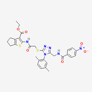 molecular formula C30H30N6O6S2 B2597568 ETHYL 2-(2-{[4-(2,5-DIMETHYLPHENYL)-5-{[(4-NITROPHENYL)FORMAMIDO]METHYL}-4H-1,2,4-TRIAZOL-3-YL]SULFANYL}ACETAMIDO)-4H,5H,6H-CYCLOPENTA[B]THIOPHENE-3-CARBOXYLATE CAS No. 393849-39-3