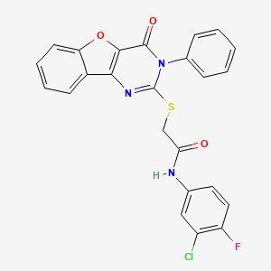 molecular formula C24H15ClFN3O3S B2597774 N-(3-chloro-4-fluorophenyl)-2-({6-oxo-5-phenyl-8-oxa-3,5-diazatricyclo[7.4.0.0^{2,7}]trideca-1(9),2(7),3,10,12-pentaen-4-yl}sulfanyl)acetamide CAS No. 866873-60-1