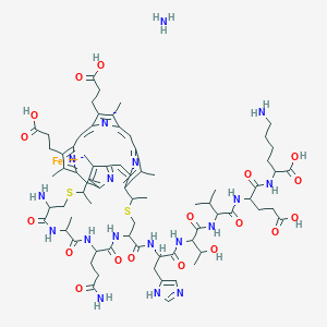 molecular formula C74Fe1H99N17O18S2 B025979 6-amino-2-[[2-[[2-[[2-[[2-[[15-amino-9-(3-amino-3-oxopropyl)-27,31-bis(2-carboxyethyl)-3,12,18,20,26,32,38-heptamethyl-8,11,14-trioxo-4,17-dithia-7,10,13,22,36-pentaza-39,40-diazanidahexacyclo[19.15.1.12,35.125,28.130,33.019,23]tetraconta-1(37),2(38),19,21,23,25,27,29,31,33,35-undecaene-6-carbonyl]amino]-3-(1H-imidazol-5-yl)propanoyl]amino]-3-hydroxybutanoyl]amino]-3-methylbutanoyl]amino]-4-carboxybutanoyl]amino]hexanoic acid;azane;iron(2+) CAS No. 104872-91-5