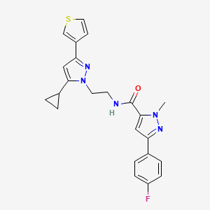 molecular formula C23H22FN5OS B2598125 N-(2-(5-cyclopropyl-3-(thiophen-3-yl)-1H-pyrazol-1-yl)ethyl)-3-(4-fluorophenyl)-1-methyl-1H-pyrazole-5-carboxamide CAS No. 2034585-97-0