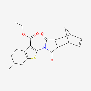 molecular formula C21H23NO4S B2598196 ethyl 2-(1,3-dioxo-3a,4,7,7a-tetrahydro-1H-4,7-methanoisoindol-2(3H)-yl)-6-methyl-4,5,6,7-tetrahydrobenzo[b]thiophene-3-carboxylate CAS No. 1005281-92-4