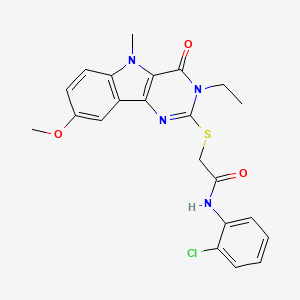 molecular formula C22H21ClN4O3S B2598243 N-(2-chlorophenyl)-2-({3-ethyl-8-methoxy-5-methyl-4-oxo-3H,4H,5H-pyrimido[5,4-b]indol-2-yl}sulfanyl)acetamide CAS No. 1113123-27-5