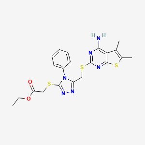 molecular formula C21H22N6O2S3 B2598421 ethyl 2-({5-[({4-amino-5,6-dimethylthieno[2,3-d]pyrimidin-2-yl}sulfanyl)methyl]-4-phenyl-4H-1,2,4-triazol-3-yl}sulfanyl)acetate CAS No. 433690-60-9