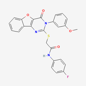 molecular formula C25H18FN3O4S B2598509 N-(4-fluorophenyl)-2-{[5-(3-methoxyphenyl)-6-oxo-8-oxa-3,5-diazatricyclo[7.4.0.0^{2,7}]trideca-1(9),2(7),3,10,12-pentaen-4-yl]sulfanyl}acetamide CAS No. 872209-21-7