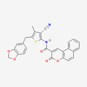 molecular formula C28H18N2O5S B2598581 N-{5-[(2H-1,3-benzodioxol-5-yl)methyl]-3-cyano-4-methylthiophen-2-yl}-3-oxo-3H-benzo[f]chromene-2-carboxamide CAS No. 476368-06-6