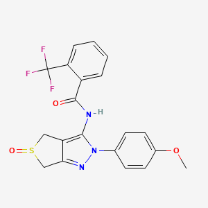 molecular formula C20H16F3N3O3S B2598672 N-[2-(4-methoxyphenyl)-5-oxo-2H,4H,6H-5lambda4-thieno[3,4-c]pyrazol-3-yl]-2-(trifluoromethyl)benzamide CAS No. 958709-07-4