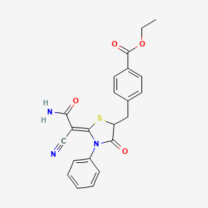molecular formula C22H19N3O4S B2598766 (Z)-ethyl 4-((2-(2-amino-1-cyano-2-oxoethylidene)-4-oxo-3-phenylthiazolidin-5-yl)methyl)benzoate CAS No. 797020-34-9