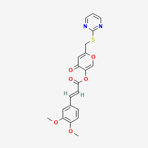 molecular formula C21H18N2O6S B2598843 (E)-4-氧代-6-((嘧啶-2-基硫代)甲基)-4H-吡喃-3-基 3-(3,4-二甲氧基苯基)丙烯酸酯 CAS No. 1321764-24-2