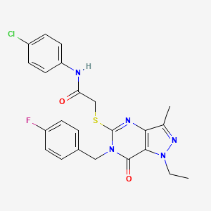 molecular formula C23H21ClFN5O2S B2598890 N-(4-chlorophenyl)-2-({1-ethyl-6-[(4-fluorophenyl)methyl]-3-methyl-7-oxo-1H,6H,7H-pyrazolo[4,3-d]pyrimidin-5-yl}sulfanyl)acetamide CAS No. 1358766-08-1