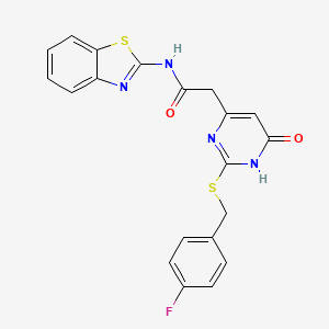 molecular formula C20H15FN4O2S2 B2599216 N-(benzo[d]thiazol-2-yl)-2-(2-((4-fluorobenzyl)thio)-6-oxo-1,6-dihydropyrimidin-4-yl)acetamide CAS No. 1105236-13-2