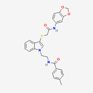 molecular formula C27H25N3O4S B2599255 N-{2-[3-({[(2H-1,3-benzodioxol-5-yl)carbamoyl]methyl}sulfanyl)-1H-indol-1-yl]ethyl}-4-methylbenzamide CAS No. 532970-91-5