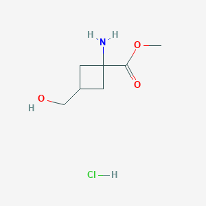 molecular formula C7H14ClNO3 B2599278 methyl 1-amino-3-(hydroxymethyl)cyclobutane-1-carboxylate hydrochloride CAS No. 2413900-31-7