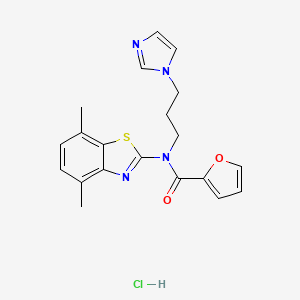 molecular formula C20H21ClN4O2S B2599440 N-(4,7-dimethyl-1,3-benzothiazol-2-yl)-N-[3-(1H-imidazol-1-yl)propyl]furan-2-carboxamide hydrochloride CAS No. 1215733-99-5