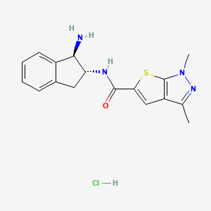 molecular formula C17H19ClN4OS B2599493 N-[(1R,2R)-1-Amino-2,3-dihydro-1H-inden-2-yl]-1,3-dimethylthieno[2,3-c]pyrazole-5-carboxamide;hydrochloride CAS No. 2418595-69-2