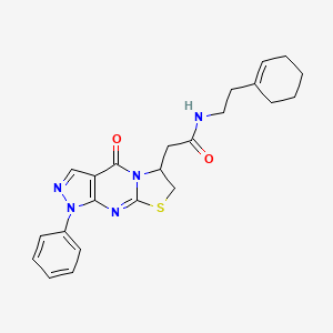 molecular formula C23H25N5O2S B2599582 N-[2-(cyclohex-1-en-1-yl)ethyl]-2-{2-oxo-6-phenyl-10-thia-1,5,6,8-tetraazatricyclo[7.3.0.0^{3,7}]dodeca-3(7),4,8-trien-12-yl}acetamide CAS No. 941994-17-8