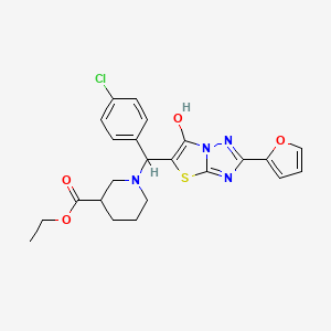 molecular formula C23H23ClN4O4S B2599737 ethyl 1-[(4-chlorophenyl)[2-(furan-2-yl)-6-hydroxy-[1,2,4]triazolo[3,2-b][1,3]thiazol-5-yl]methyl]piperidine-3-carboxylate CAS No. 887220-54-4