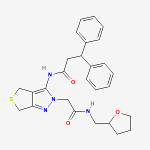 molecular formula C27H30N4O3S B2599860 N-(2-(2-oxo-2-(((tetrahydrofuran-2-yl)methyl)amino)ethyl)-4,6-dihydro-2H-thieno[3,4-c]pyrazol-3-yl)-3,3-diphenylpropanamide CAS No. 1105205-68-2