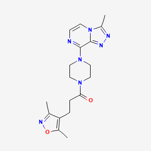 molecular formula C18H23N7O2 B2599993 3-(3,5-Dimethylisoxazol-4-yl)-1-(4-(3-methyl-[1,2,4]triazolo[4,3-a]pyrazin-8-yl)piperazin-1-yl)propan-1-one CAS No. 2034348-38-2