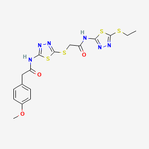 molecular formula C17H18N6O3S4 B2600018 N-(5-(ethylthio)-1,3,4-thiadiazol-2-yl)-2-((5-(2-(4-methoxyphenyl)acetamido)-1,3,4-thiadiazol-2-yl)thio)acetamide CAS No. 391868-88-5