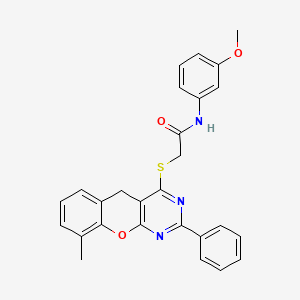 molecular formula C27H23N3O3S B2600112 N-(3-METHOXYPHENYL)-2-({9-METHYL-2-PHENYL-5H-CHROMENO[2,3-D]PYRIMIDIN-4-YL}SULFANYL)ACETAMIDE CAS No. 872206-65-0