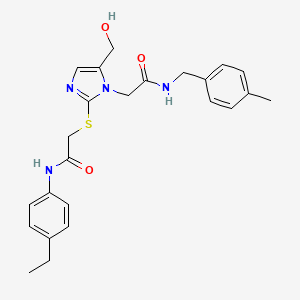 molecular formula C24H28N4O3S B2600128 N-(4-ethylphenyl)-2-{[5-(hydroxymethyl)-1-({[(4-methylphenyl)methyl]carbamoyl}methyl)-1H-imidazol-2-yl]sulfanyl}acetamide CAS No. 921822-67-5
