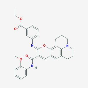 molecular formula C32H31N3O5 B2600165 ethyl 3-{[(4Z)-5-[(2-methoxyphenyl)carbamoyl]-3-oxa-13-azatetracyclo[7.7.1.0^{2,7}.0^{13,17}]heptadeca-1,5,7,9(17)-tetraen-4-ylidene]amino}benzoate CAS No. 1321918-77-7