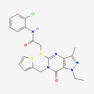 molecular formula C21H20ClN5O2S2 B2600206 N-(2-chlorophenyl)-2-({1-ethyl-3-methyl-7-oxo-6-[(thiophen-2-yl)methyl]-1H,6H,7H-pyrazolo[4,3-d]pyrimidin-5-yl}sulfanyl)acetamide CAS No. 1357973-62-6