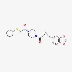 molecular formula C22H28N2O4S B2600424 1-(4-(2-(Benzo[d][1,3]dioxol-5-yl)cyclopropanecarbonyl)piperazin-1-yl)-2-(cyclopentylthio)ethanone CAS No. 1219913-73-1