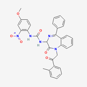 molecular formula C32H27N5O6 B2600535 N-(2,5-diaza-2-(2-(2-methylphenyl)-2-oxoethyl)-3-oxo-6-phenylbicyclo[5.4.0]undeca-1(7),5,8,10-tetraen-4-yl)((4-methoxy-2-nitrophenyl)amino)formamide CAS No. 1796921-25-9