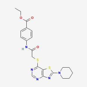 molecular formula C21H23N5O3S2 B2600565 ETHYL 4-(2-{[2-(PIPERIDIN-1-YL)-[1,3]THIAZOLO[4,5-D]PYRIMIDIN-7-YL]SULFANYL}ACETAMIDO)BENZOATE CAS No. 1189658-55-6