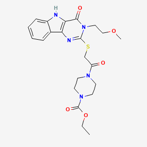 molecular formula C22H27N5O5S B2600692 ethyl 4-(2-((3-(2-methoxyethyl)-4-oxo-4,5-dihydro-3H-pyrimido[5,4-b]indol-2-yl)thio)acetyl)piperazine-1-carboxylate CAS No. 888436-19-9