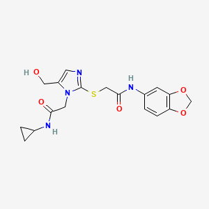 molecular formula C18H20N4O5S B2600830 N-(benzo[d][1,3]dioxol-5-yl)-2-((1-(2-(cyclopropylamino)-2-oxoethyl)-5-(hydroxymethyl)-1H-imidazol-2-yl)thio)acetamide CAS No. 921795-57-5