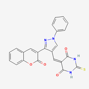 molecular formula C23H14N4O4S B2601082 5-[[3-(2-Oxochromen-3-yl)-1-phenyl-pyrazol-4-yl]methylene]-2-thioxo-hexahydropyrimidine-4,6-dione CAS No. 423155-28-6