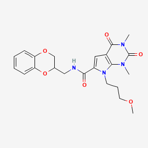 molecular formula C22H26N4O6 B2601143 N-((2,3-dihydrobenzo[b][1,4]dioxin-2-yl)methyl)-7-(3-methoxypropyl)-1,3-dimethyl-2,4-dioxo-2,3,4,7-tetrahydro-1H-pyrrolo[2,3-d]pyrimidine-6-carboxamide CAS No. 1021092-36-3