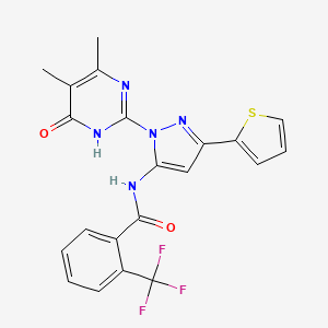 molecular formula C21H16F3N5O2S B2601189 N-(1-(4,5-dimethyl-6-oxo-1,6-dihydropyrimidin-2-yl)-3-(thiophen-2-yl)-1H-pyrazol-5-yl)-2-(trifluoromethyl)benzamide CAS No. 1172566-87-8