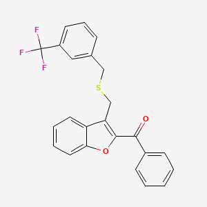 molecular formula C24H17F3O2S B2601194 Phenyl[3-({[3-(trifluoromethyl)benzyl]sulfanyl}methyl)-1-benzofuran-2-yl]methanone CAS No. 866017-28-9