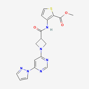 molecular formula C17H16N6O3S B2601309 methyl 3-{1-[6-(1H-pyrazol-1-yl)pyrimidin-4-yl]azetidine-3-amido}thiophene-2-carboxylate CAS No. 2034361-19-6