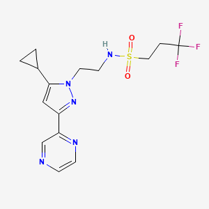 molecular formula C15H18F3N5O2S B2601336 N-(2-(5-cyclopropyl-3-(pyrazin-2-yl)-1H-pyrazol-1-yl)ethyl)-3,3,3-trifluoropropane-1-sulfonamide CAS No. 2034373-00-5