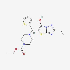 molecular formula C18H23N5O3S2 B2601520 Ethyl 4-((2-ethyl-6-hydroxythiazolo[3,2-b][1,2,4]triazol-5-yl)(thiophen-2-yl)methyl)piperazine-1-carboxylate CAS No. 886913-94-6
