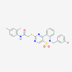 molecular formula C27H23FN4O3S2 B2601698 N-(2,4-dimethylphenyl)-2-((6-(3-fluorobenzyl)-5,5-dioxido-6H-benzo[c]pyrimido[4,5-e][1,2]thiazin-2-yl)thio)acetamide CAS No. 932529-12-9