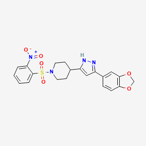 molecular formula C21H20N4O6S B2601888 4-[5-(2H-1,3-benzodioxol-5-yl)-1H-pyrazol-3-yl]-1-(2-nitrobenzenesulfonyl)piperidine CAS No. 1030386-38-9