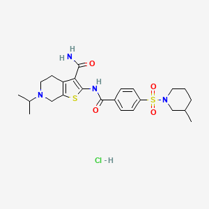 molecular formula C24H33ClN4O4S2 B2602103 6-Isopropyl-2-(4-((3-methylpiperidin-1-yl)sulfonyl)benzamido)-4,5,6,7-tetrahydrothieno[2,3-c]pyridine-3-carboxamide hydrochloride CAS No. 1216690-23-1
