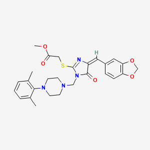 molecular formula C27H30N4O5S B2602162 methyl 2-[(4-(1,3-benzodioxol-5-ylmethylene)-1-{[4-(2,6-dimethylphenyl)piperazino]methyl}-5-oxo-4,5-dihydro-1H-imidazol-2-yl)sulfanyl]acetate CAS No. 865659-69-4